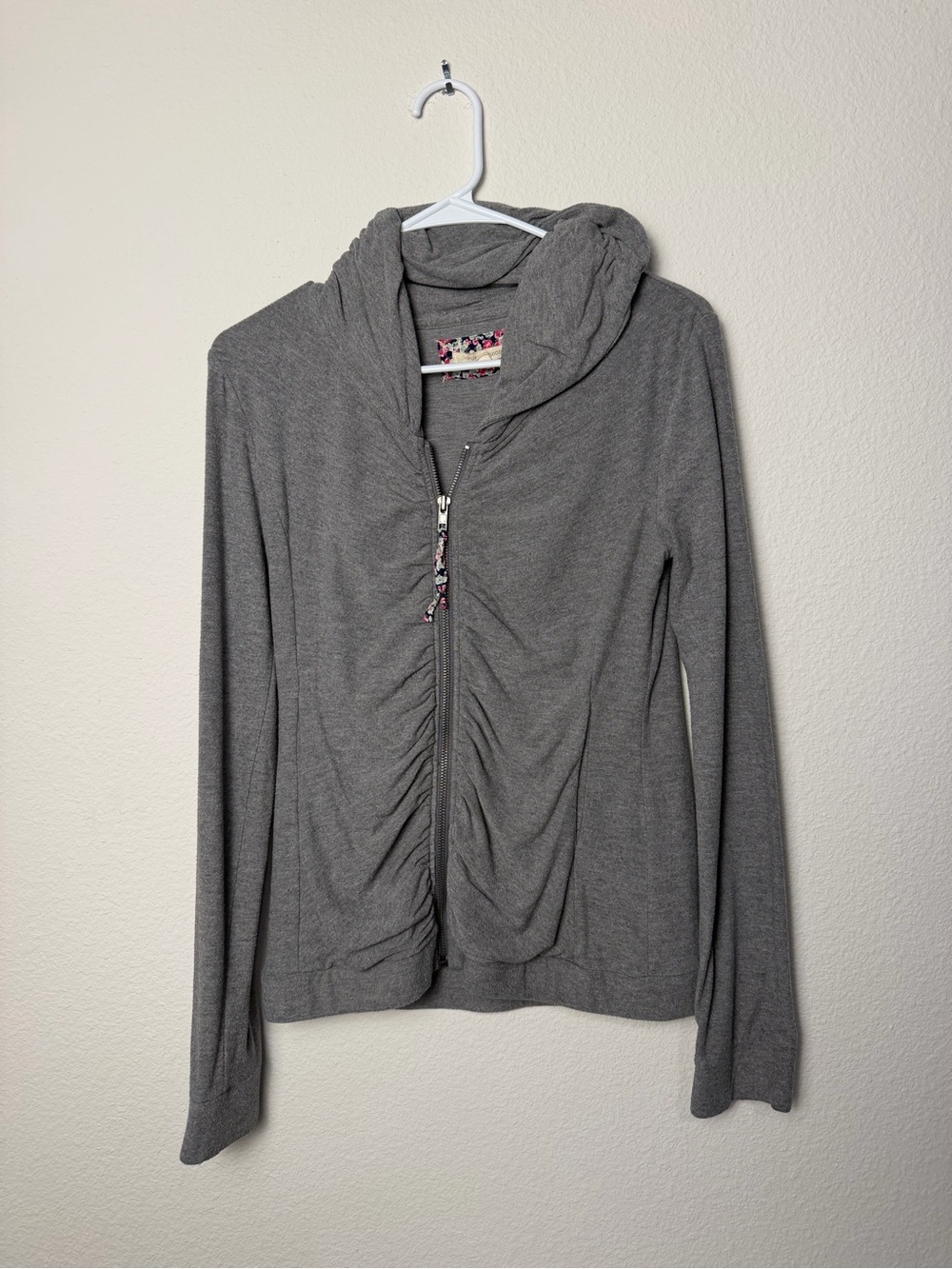 Pure good Ruched Zip-Front Hooded hoodie gray small